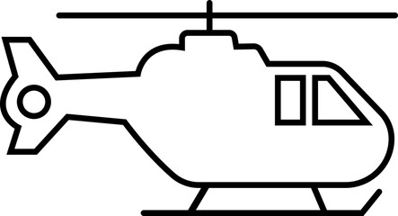 Black helicopter icon, Vector in line style, Monochrome aircraft symbol, Aviation transport, Military chopper, Rescue copter, Air travel graphic illustration isolated on transparent background.