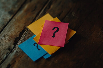 Colorful Question Marks on Wooden Background: Exploring the Unknown and Curiosity