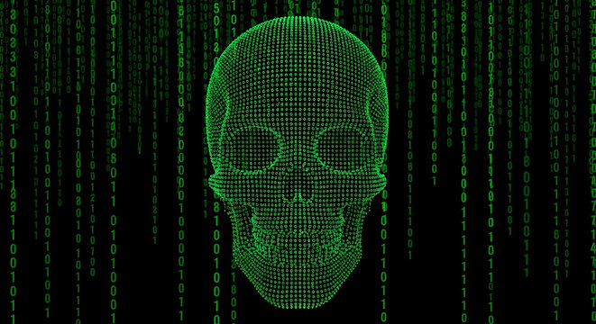 Digital skull formed from binary code rain