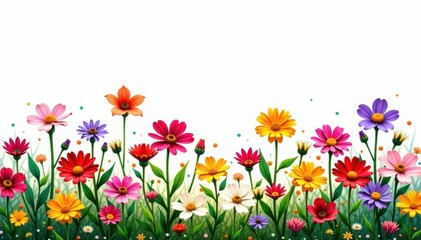 Fototapeta premium Cluster of wildflowers, various colors, pure white backdrop , floral image, detail, idyllic
