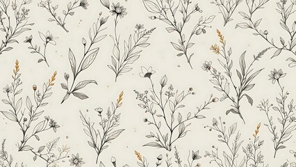 Seamless hand-drawn botanical pattern with delicate wildflowers and subtle gold accents. Vintage floral line art repeat background.