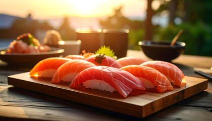 Sushi Platter Featuring Salmon And Tuna Nigiri On Wooden Board with blurred Background