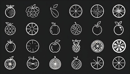 Line Drawn Assortment Of Various Fruits With Slices And Whole Fruits In White Over Black Background