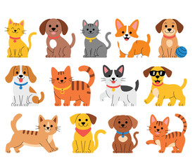 Adorable Dog and Cat Sticker Vector Collection – Lovely Hand Drawn Pet Doodle Illustrations, Cute Puppy and Kitten Cartoon Stickers