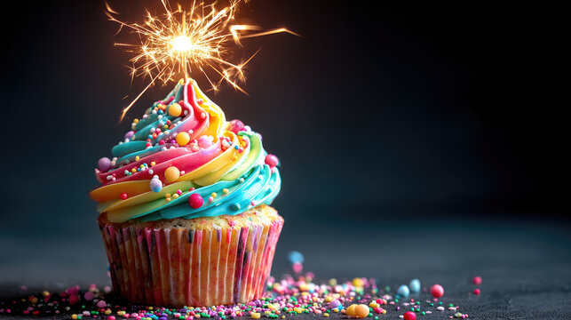 Happy birthday themed sweet cupcakes concept. A colorful cupcake topped with frosting and sparkler for celebrations.