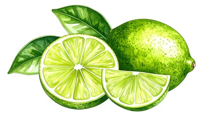 Fresh Lime with Slices, Leaves, and White.