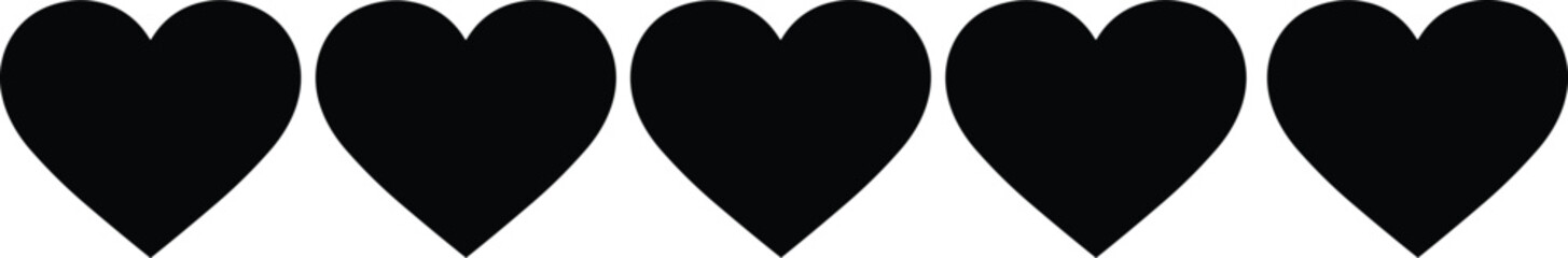 Row of five black heart icons, love symbol silhouette vector, minimal romantic design