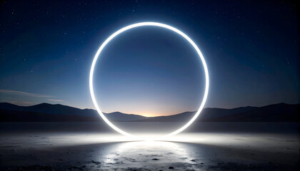 Glowing Circle Of Light At Night With Starry Sky Above Desert Landscape And Sunrise Horizon
