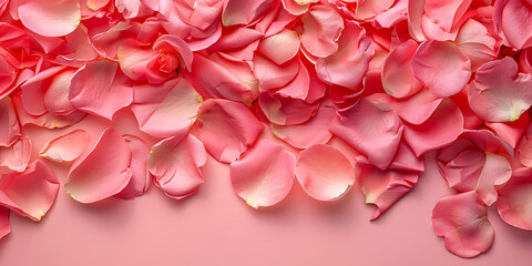 Pink rose petals scattered on pink background
