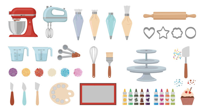 A collection of various baking tools and ingredients laid out neatly flat