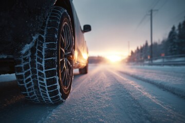 Snowy winter road, car tire close-up at sunset
