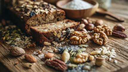 Fototapeta premium Nutrient-rich bread with mixed seeds concept. Freshly baked bread with nuts and seeds on a wooden table.