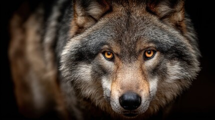 Obraz premium Close-up of a majestic wolf with striking amber eyes, set against a dark, blurred background