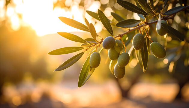 Olive Branch With Green Olives Illuminated By Golden Sunlight In An Orchard