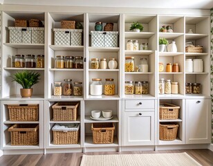 Fototapeta premium A well-organized pantry with light-colored cabinets and baskets