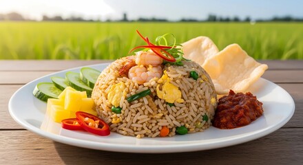 Indonesian Classic Fried Rice: A savory fried rice dish with pickles and crackers.