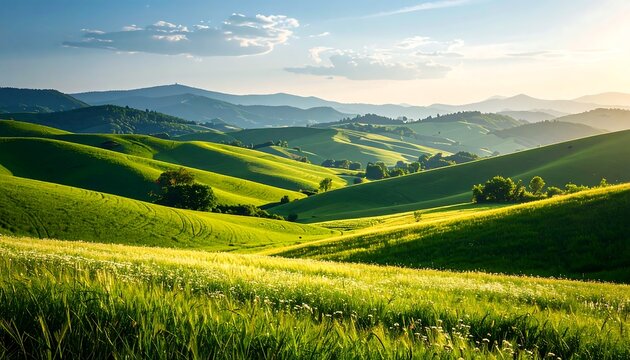 Sunset over rolling green hills. (2) - Powered by Adobe