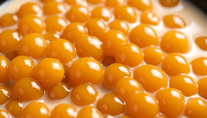 Close Up Of Orange Tapioca Pearls In Creamy White Liquid Background