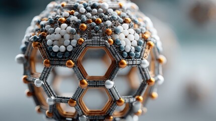 Detailed close-up of a molecular structure showcasing intricate patterns and colors, with blurred scientific elements in the background