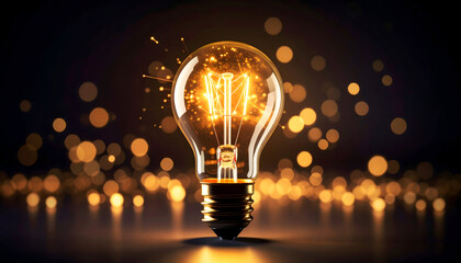 Illuminated Lightbulb Against a Dark Blurred Background with Sparkle and Golden Bokeh Effect