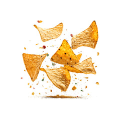 A few tortilla chips suspended mid-air