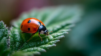 Red Ladybug on Green Leaf Macro Photography