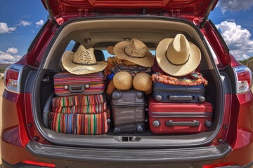 Red SUV trunk packed with colorful luggage and hats for a road trip