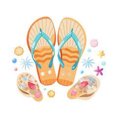 Seashell and Flip-Flop Harmony: A collection of intricately designed seashells and a pair of decorative flip-flops create a sense of serene summertime by the beach. See Less