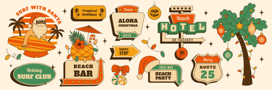 Retro Christmas at the Beach sticker signboard set with Santa surfing,tropical cocktail,festive palm tree,vintage hotel sign, holiday decorations. Vector illustration in vintage mid century 50s style