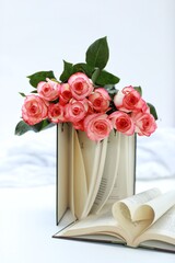 Rose Jumilia, bouquet of roses, pink rose flowers on the table, free space, book, heart