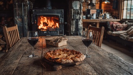 Cozy rustic dining. Pizza, wine, fire