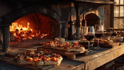 Wood-fired pizzas and wine by a warm oven