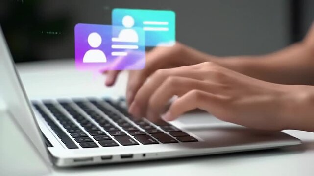 Businessman messaging team with using laptop computer. Collaboration platform. Employee communication and knowledge sharing on discussion forums in internal social network