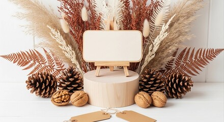 Blank Mini Canvas on a Wooden Easel with Pampas Grass and Pine Cones | Rustic Mockup Product Display for Craft Shops, Fall Marketing, and Nature-Inspired Decor