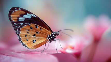 Fototapeta premium Orange Butterfly on Pink Flower Macro Photography