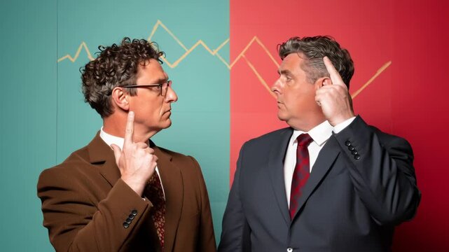 Two businessmen express contrasting market trends with raised fingers.