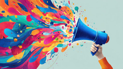 Role of content curation in marketing concept. Vibrant colors bursting from a megaphone symbolizing expression.
