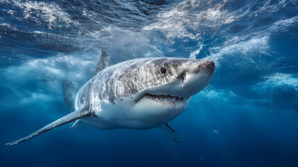 Fototapeta premium Great White Shark Underwater in Blue Ocean