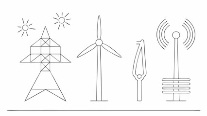 Vector illustration showing electricity pylon sun wind turbine and radio tower in a line drawing style design