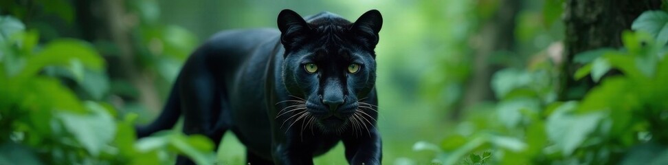 Intense stare, black panther, lush jungle backdrop, leaves, big cat