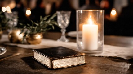 vintage-style Halloween party with guests telling ghost stories by candlelight, warm colors