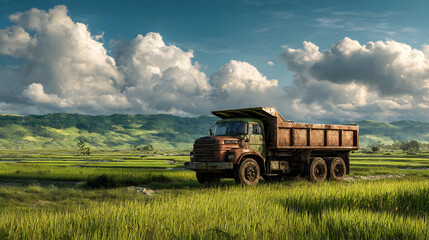 Fototapeta premium Rusty Dump Truck in a Lush Green Field Under a Sunny Sky