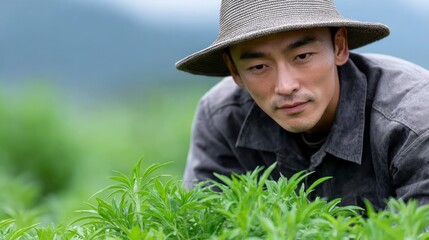 Asian farmer examining plants in a lush green field wearing a straw hat