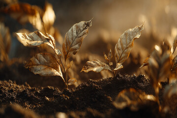 Naklejka premium Golden Leaves Emerging From Soil