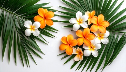 Tropical Flowers  Palm Leaves.