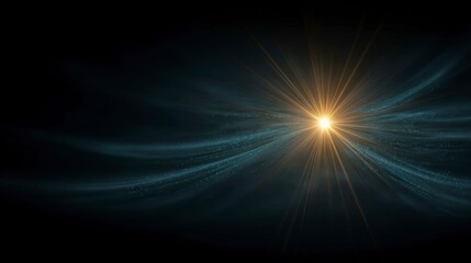 Obraz premium Bright golden starburst emanating light rays with blue cosmic dust and waves against a dark background