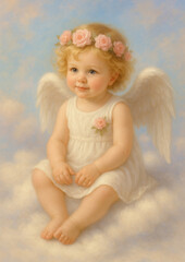 구름 위 장미 화관의 아기 천사 Flower-Crowned Baby Angel on Clouds