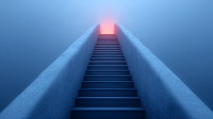 A long stone staircase ascends into a bright red glowing portal shrouded in mist