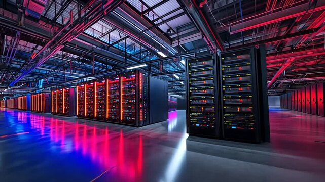 Cutting edge server room glowing with futuristic blue red neon lights accentuating rows of powerful servers for data center technology connectivity digital infrastructure high tech solutions concept - Powered by Adobe