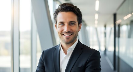 Fototapeta premium Portrait of a confident and happy businessman smiling in a modern office environment with natural light